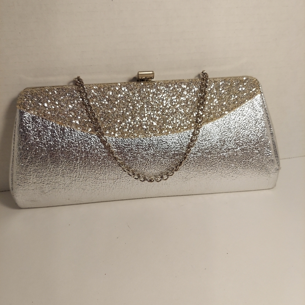 Vintage Silver Metallic + Glitter Clutch Evening Bag Purse Cocktail Prom Formal